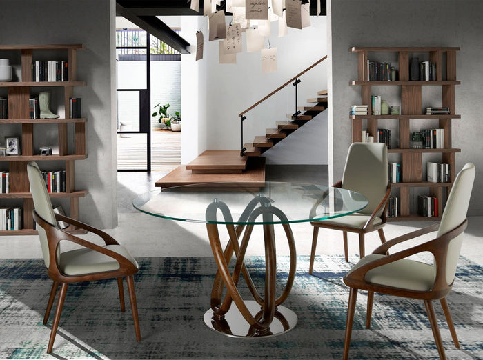 Tavolo da pranzo rotonda vetro temperato e noce