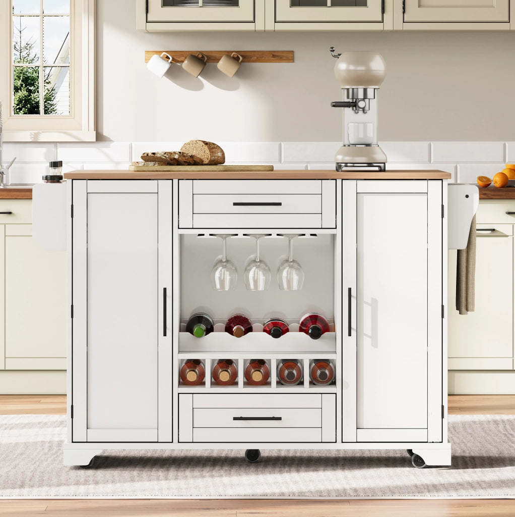 Carrello da cucina 138x45(70)x92 cm con piano estraibile; ruote; MDF; bianco e naturale