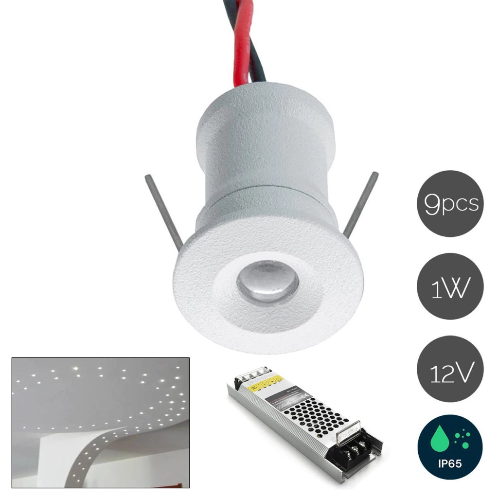 KIT 9pcs Mini faretto IP65 LED 1W resa 12W incasso punto luce box doccia cielo stellato segnapassi alimentatore colore NERO luce 3000K