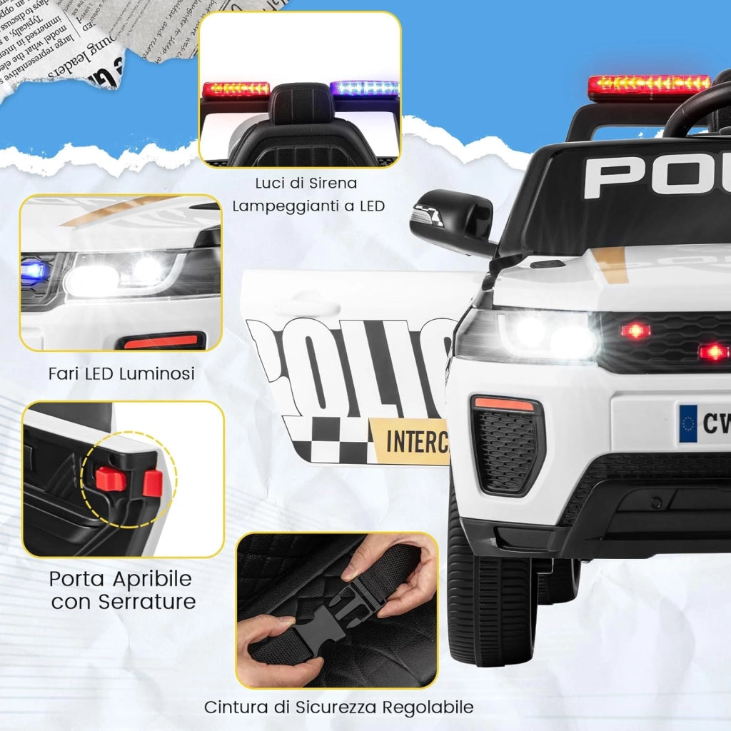 Auto della Polizia per Bambini, Macchina Elettrica 12V con Telecomando Connessione Wireless Musica Clacson Sirena e Luci LED, per Bambini 3-8 Anni
