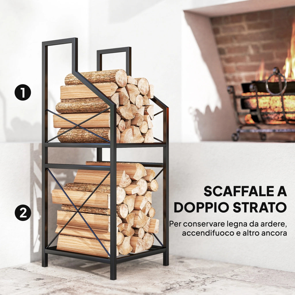 Portalegna a 2 Livelli 34x30x80cm per Interno Esterno in Metallo Nero