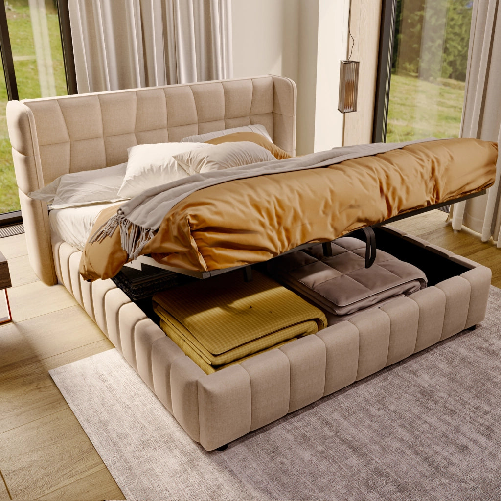 Letto matrimoniale in lino beige 180x200 con doghe pneumatico e testiera