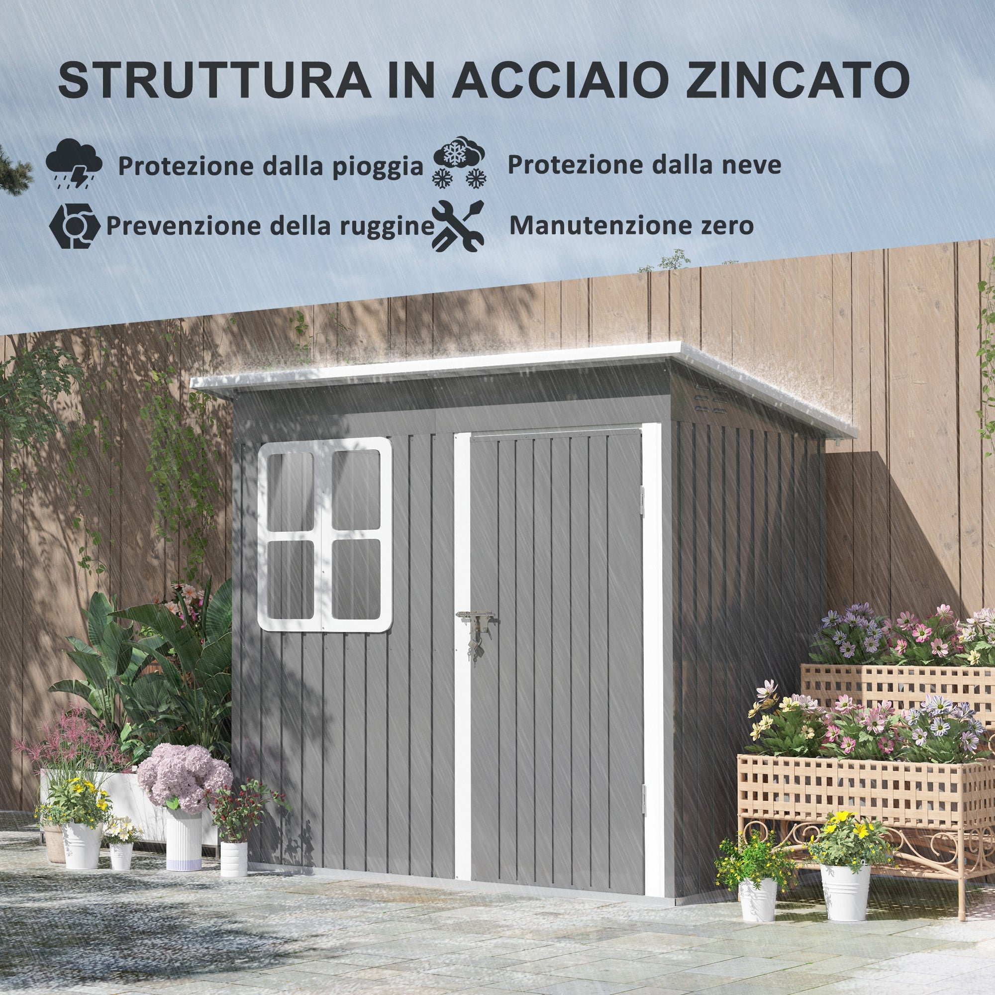 Casetta Box da Giardino 220x130 cm Porta con Blocco Finestra e Prese d'Aria in Acciaio Grigio