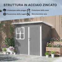 Casetta Box da Giardino 220x130 cm Porta con Blocco Finestra e Prese d'Aria in Acciaio Grigio