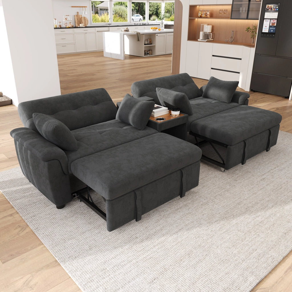 Divano letto estraibile con schienale regolabile e portabicchieri in chenille grigio scuro