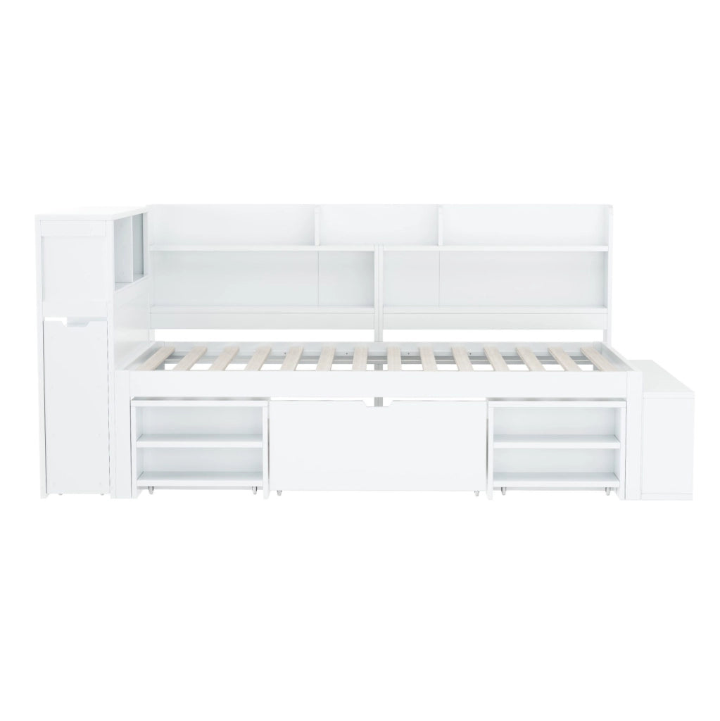 Letto per bambini 90 x 200 cm con cassetti, libreria e armadi bianchi