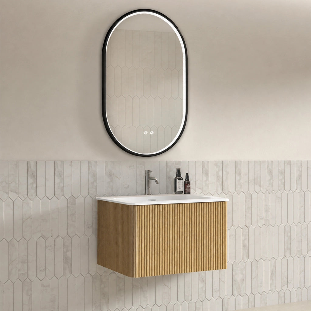 Mobile bagno con lavabo integrato e 1 cassetto; specchio LED antiappannamento; sospeso salvaspazio; rovere