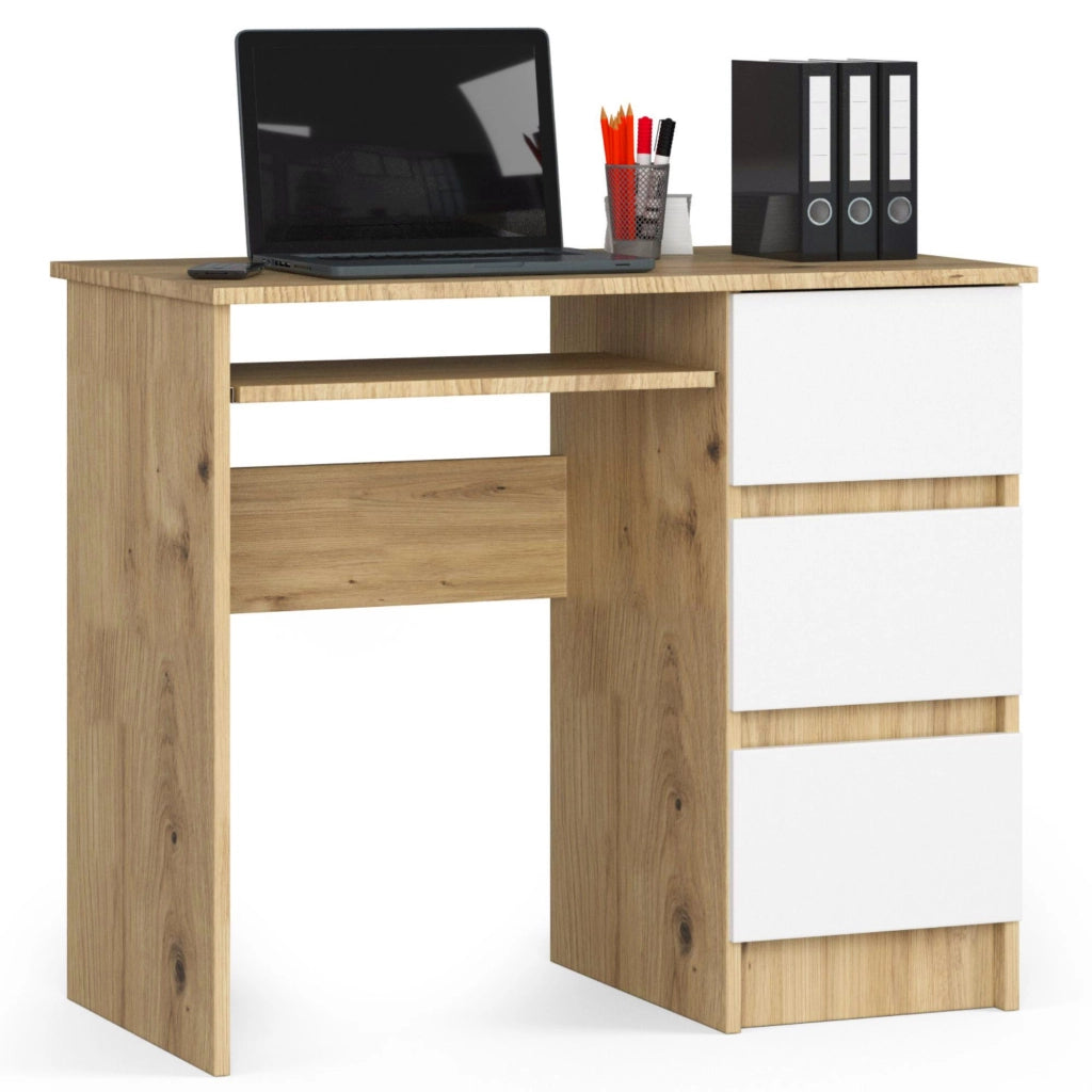 Scrivania per computer AKORD A6 Quercia Artisan 90 cm 3 cassetti inserto frontale Bianco 90x50x77 cm Modello a destra