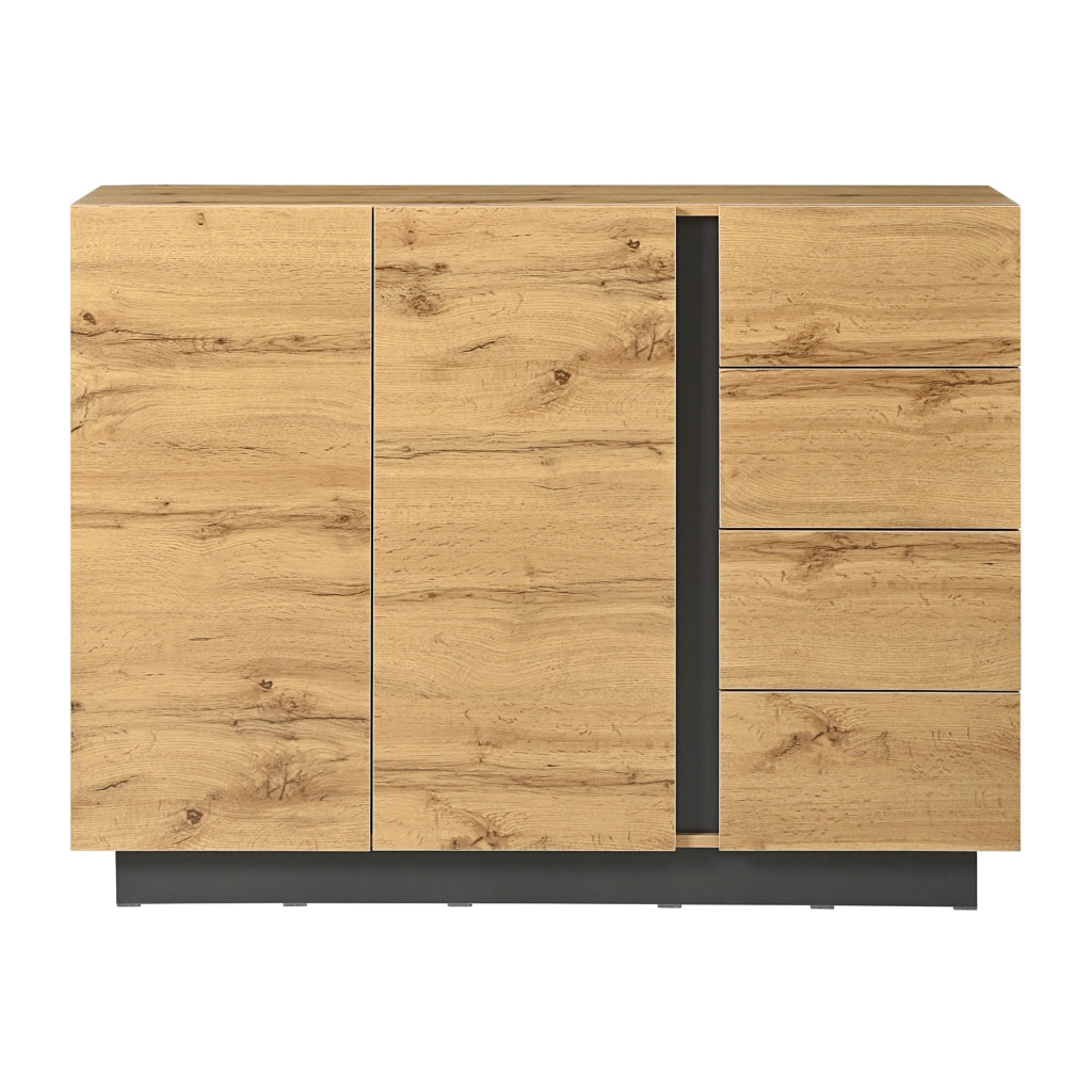 Madia con 2 ante e 4 cassetti, struttura in truciolare, colore naturale e nero, L120 x P35,5 x H90,5 cm