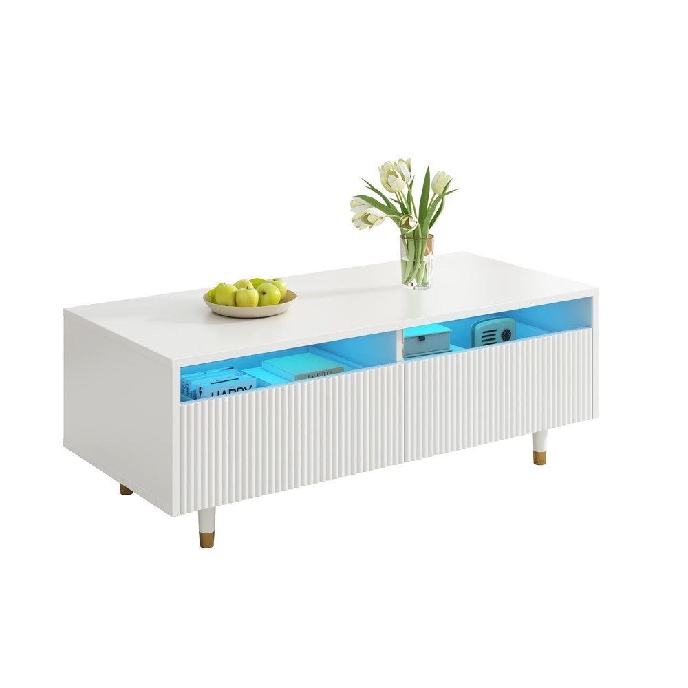 Tavolino da Caff¨¨ con LED e Cassetti ¨C MINIMAL ¨C Bianco e Oro, Piano Ondulato