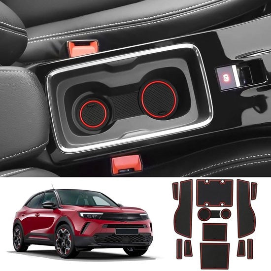 Materassini antiscivolo compatibili con Opel Mokka B Mokka-E 2021-2024, tappeti in gomma per console centrale tappeti per portiere tappeto per contenitore bicchieri, accessori Opel Mokka tappeti antiscivolo in gomma (rosso)
