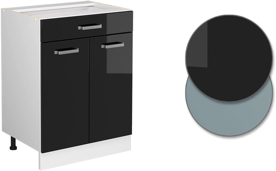 Mobiletto base per cucina R-Line, Nero lucido, 60 cm con cassetto, senza piano di lavoro, per la libera combinazione all'interno di sistemi cucina modulari