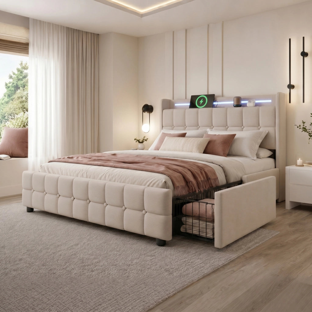 Letto matrimoniale 140x200 cm beige con prese USB; LED e 4 cassetti contenitore