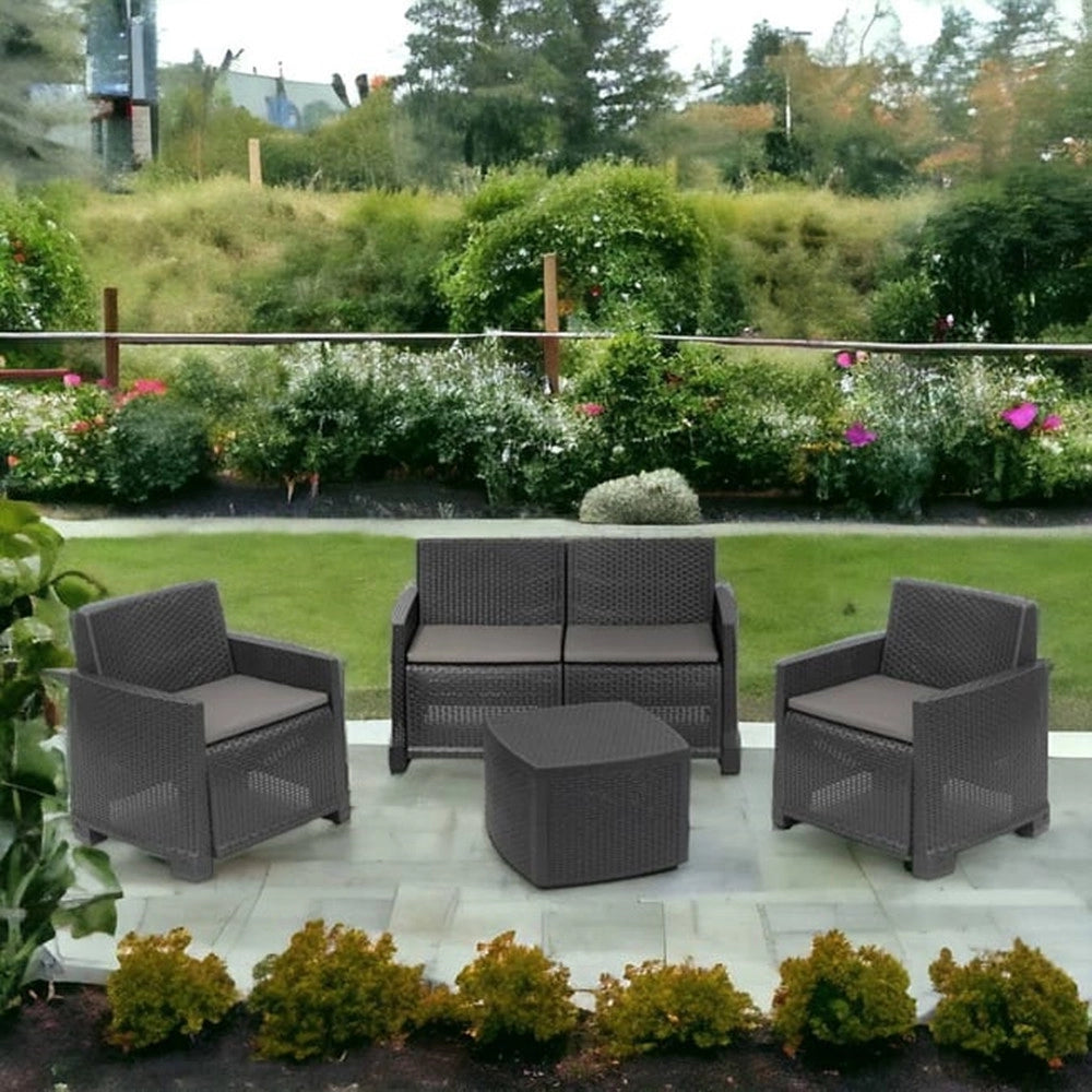Trade Shop - Set Salotto Como Effetto Rattan Intrecciato Con Divano Poltrone Tavolino Contenitore - Antracite