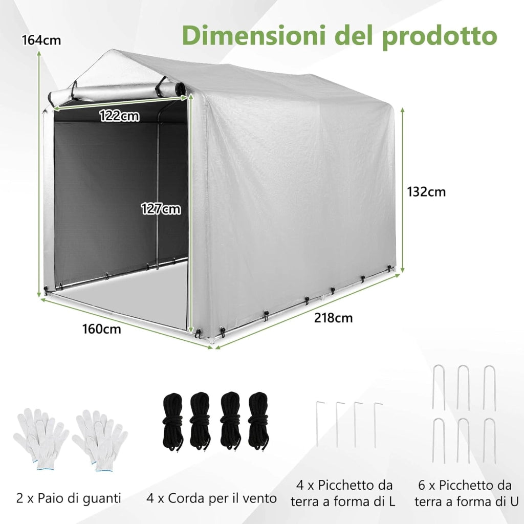 Capanno di Stoccaggio per Esterni, Garage Portatile per Biciclette, Motociclette, Attrezzi da Giardino, Carport per Bici con Porta a Rullo e Cerniera, 160 x 218 x 164 cm (Grigio Argento)