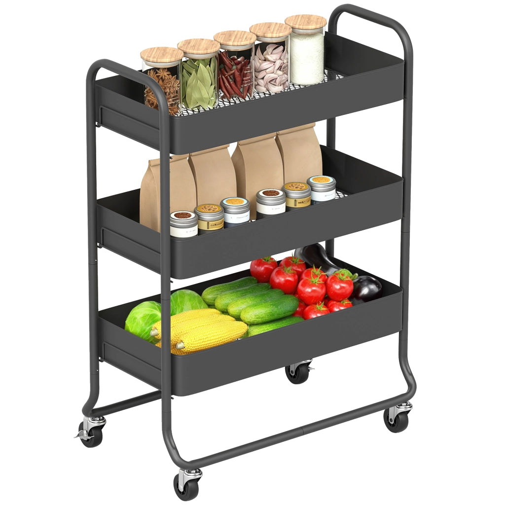 Carrello per Cucina con 3 Cestelli e 4 Ruote ¨C zephmum ¨C Nero, Metallo