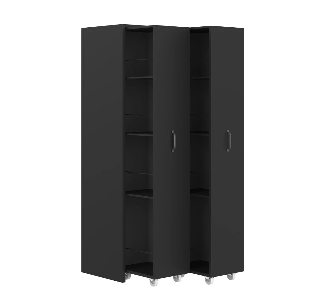 Libreria estraibile nera in MDF con ruote, 4 ripiani