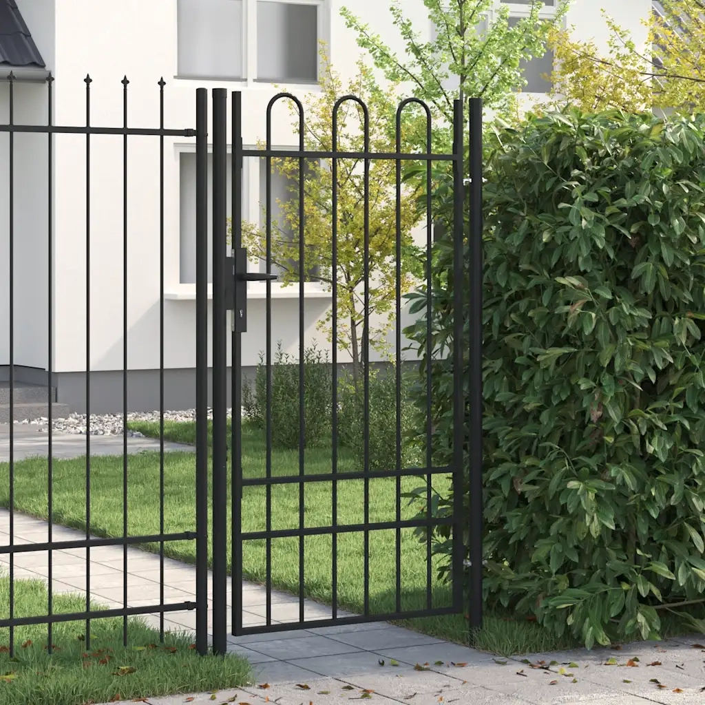 Cancello per recinzione Boxtel porta singola con parte superiore ad arco in acciaio 1x1,75 m Nero 145743