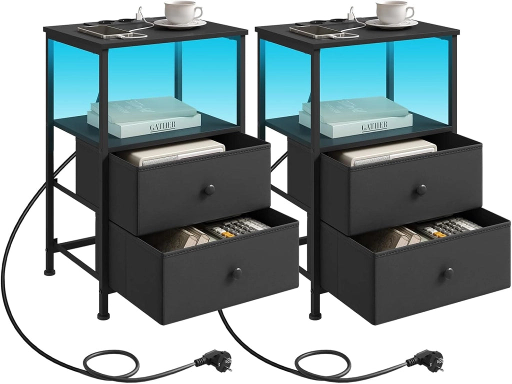 set 2 Comodini con Prese di Corrente, Tavolini con Luce LED, 2 Cassetti in Tessuto e Ripiani Aperti, Comodini Smart Nero, per Soggiorno, Camera da Letto e Ufficio, Metallo + MDF, NTS27sz-2