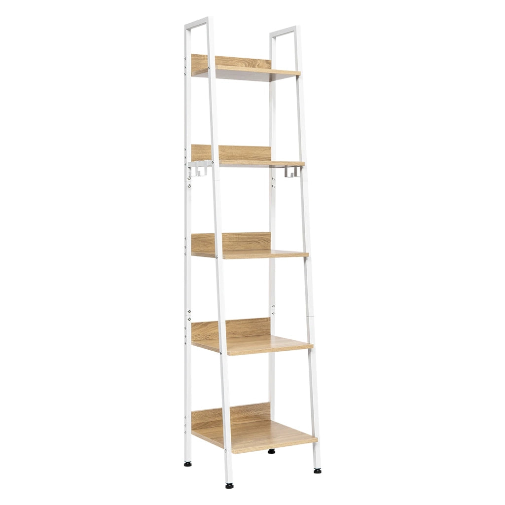 Libreria a scala in MDF e metallo con 5 ripiani aperti, 4 ganci removibili, 40 x 36 x 170 cm