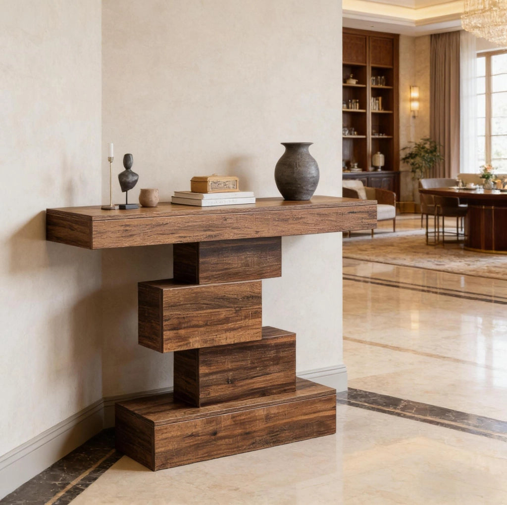 Consolle 108x30x80 cm marrone scuro, base geometrica, pannelli truciolari E1,