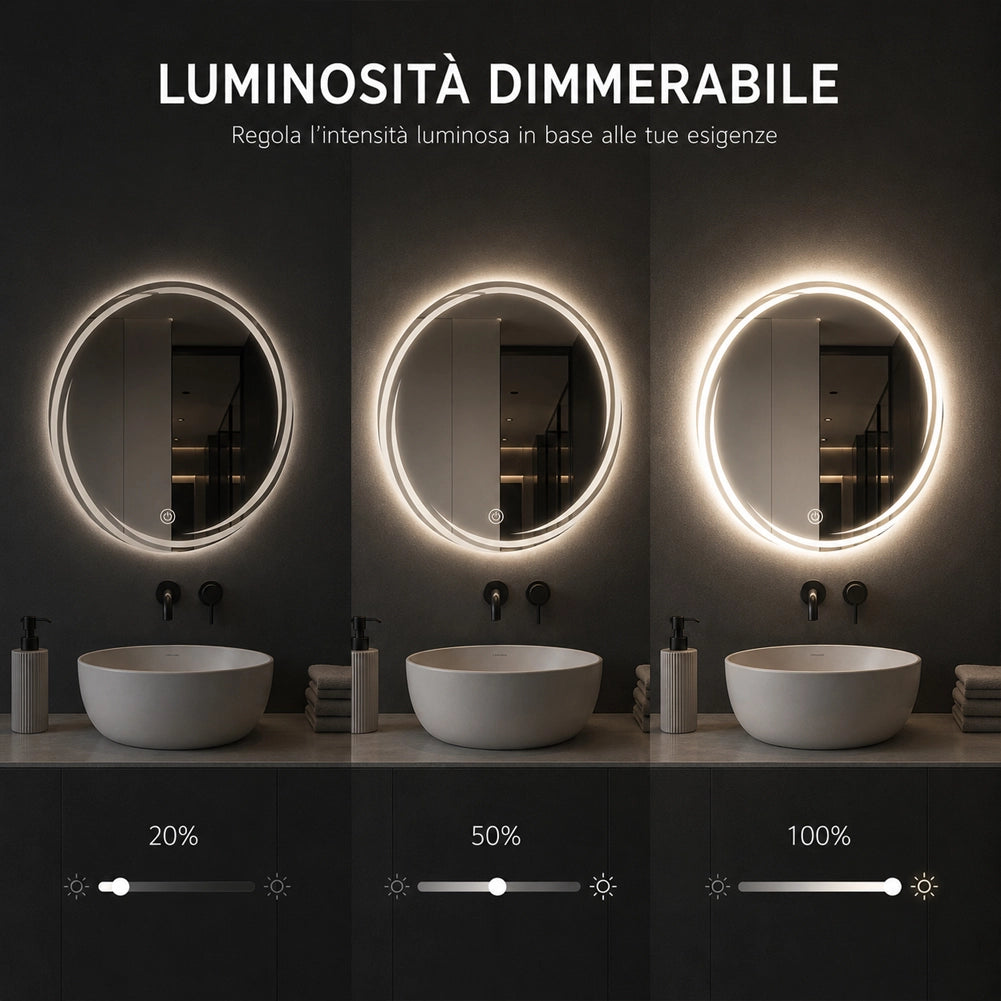 Specchio Tondo Spirale Diametro 60cm Led a 3 Colori Dimmerabile Accensione Touch