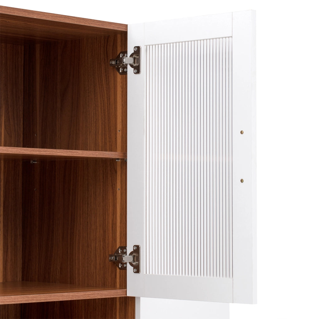 Credenza con ante in vetro rigato, ripiani estraibili e due cassetti in MDF bianco e noce 100 × 40 × 200 cm