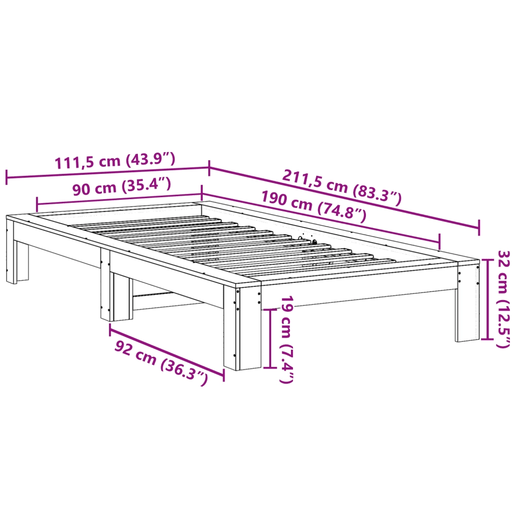 Letto senza Materasso 90x190 cm in Legno Massello di Pino