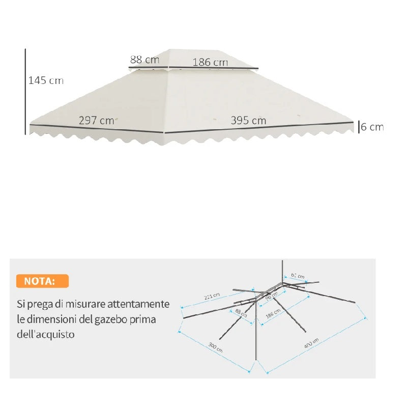 Ricambio Tettuccio per Gazebo 4x3mt Tetto a 2 Livelli in Poliestere Crema AntiUV