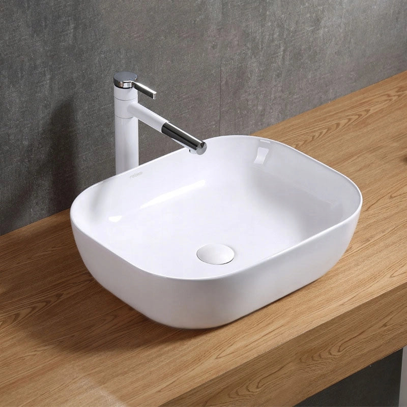 Lavabo da appoggio rettangolare in ceramica da posizionare sul piano di lavoro, bianco, moderno