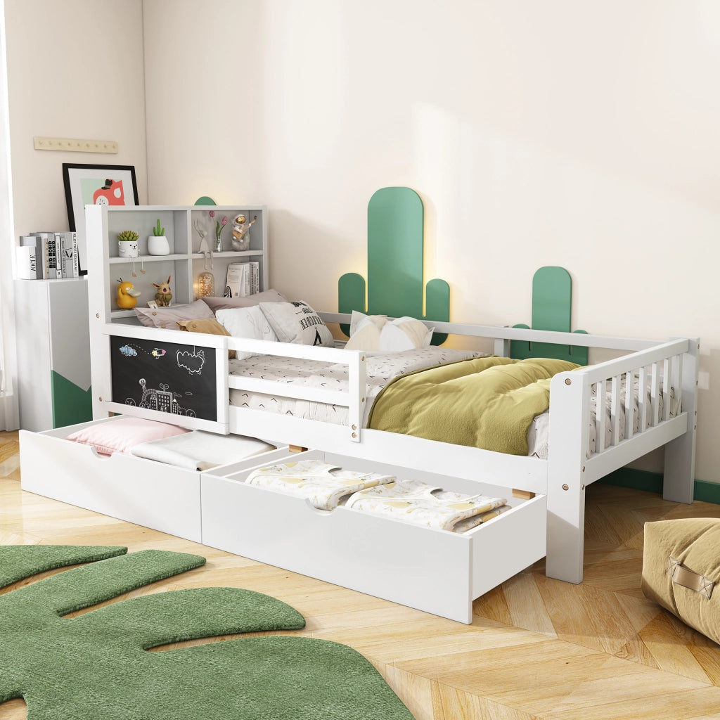 OKWISH Letto Bambino Singolo 90×200 cm con 2 Cassetti, Lavagna e Sponda di Sicurezza, senza Materasso, in Legno Massello e MDF, Bianco