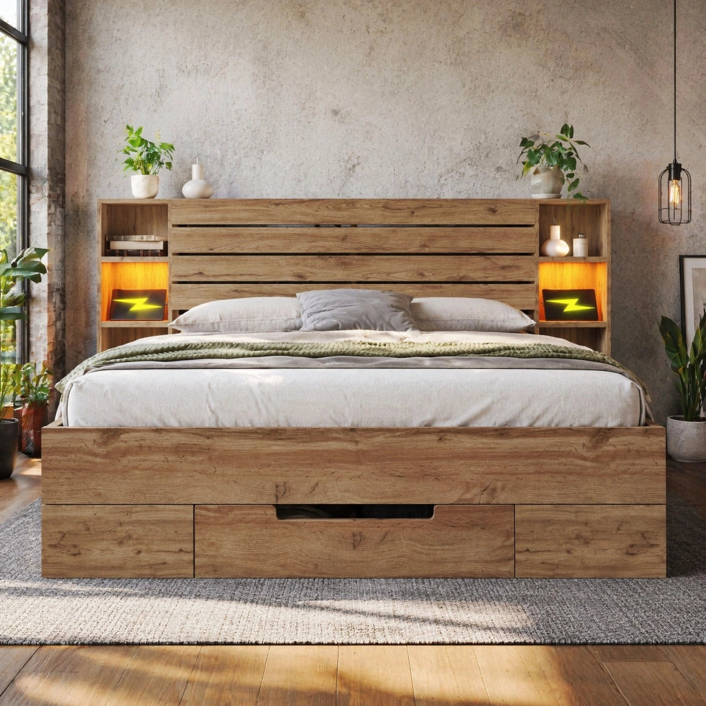 Letto matrimoniale in legno e metallo con LED, USB e contenitore