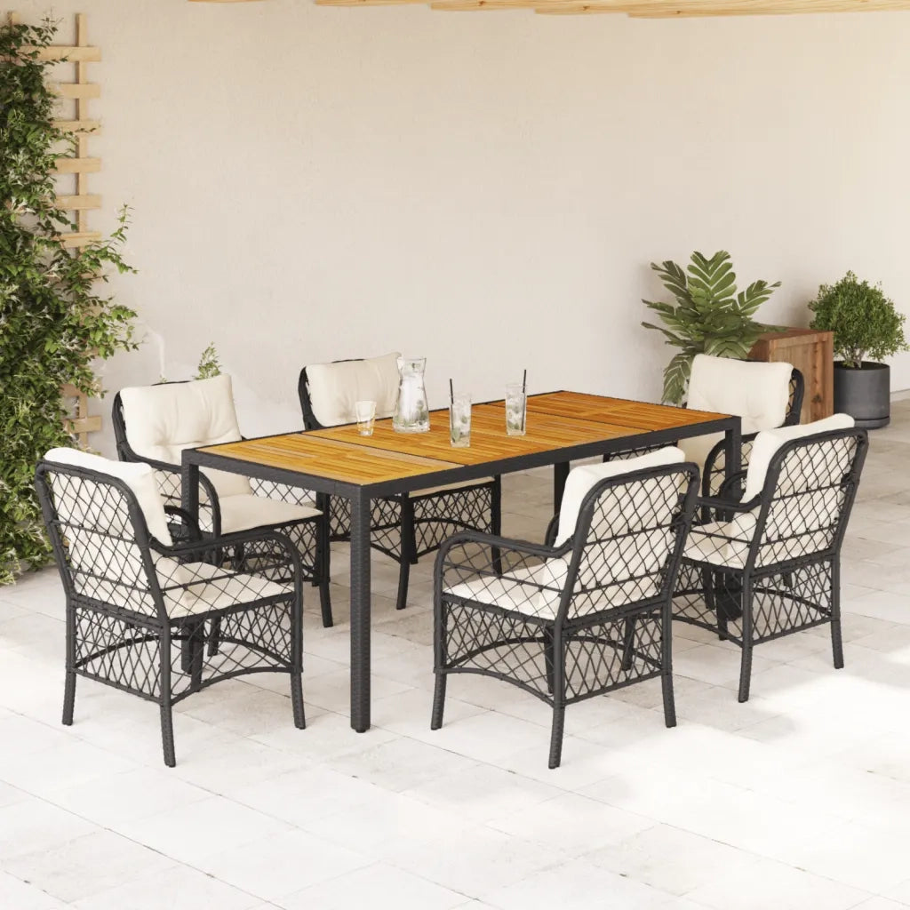 Set da Pranzo da Giardino 7 pz Nero con Cuscini in Polyrattan 3212040