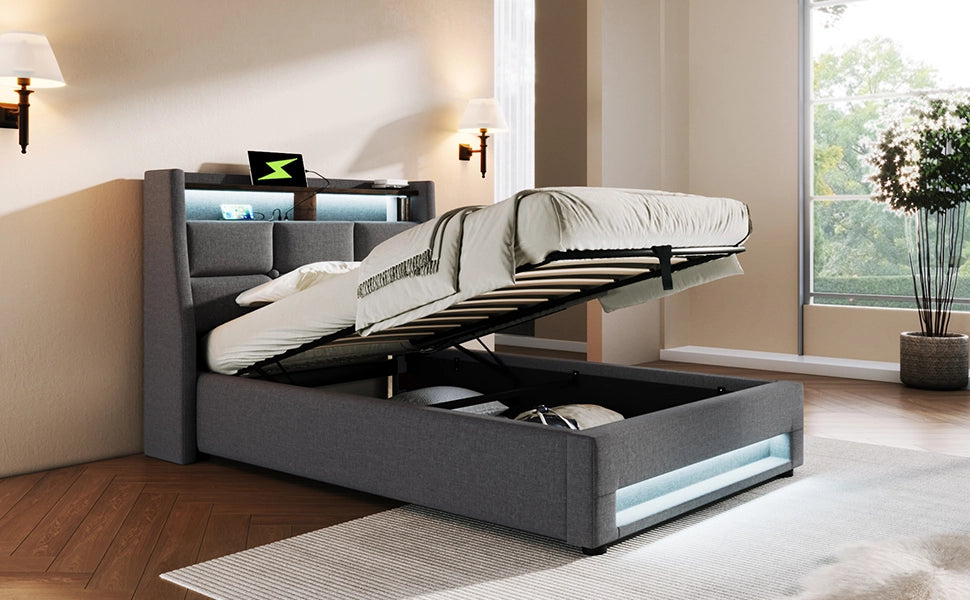 DESMIU Letto singolo 90 × 200 cm 1 posto con LED, USB e contenitore, senza materasso, in lino, grigio