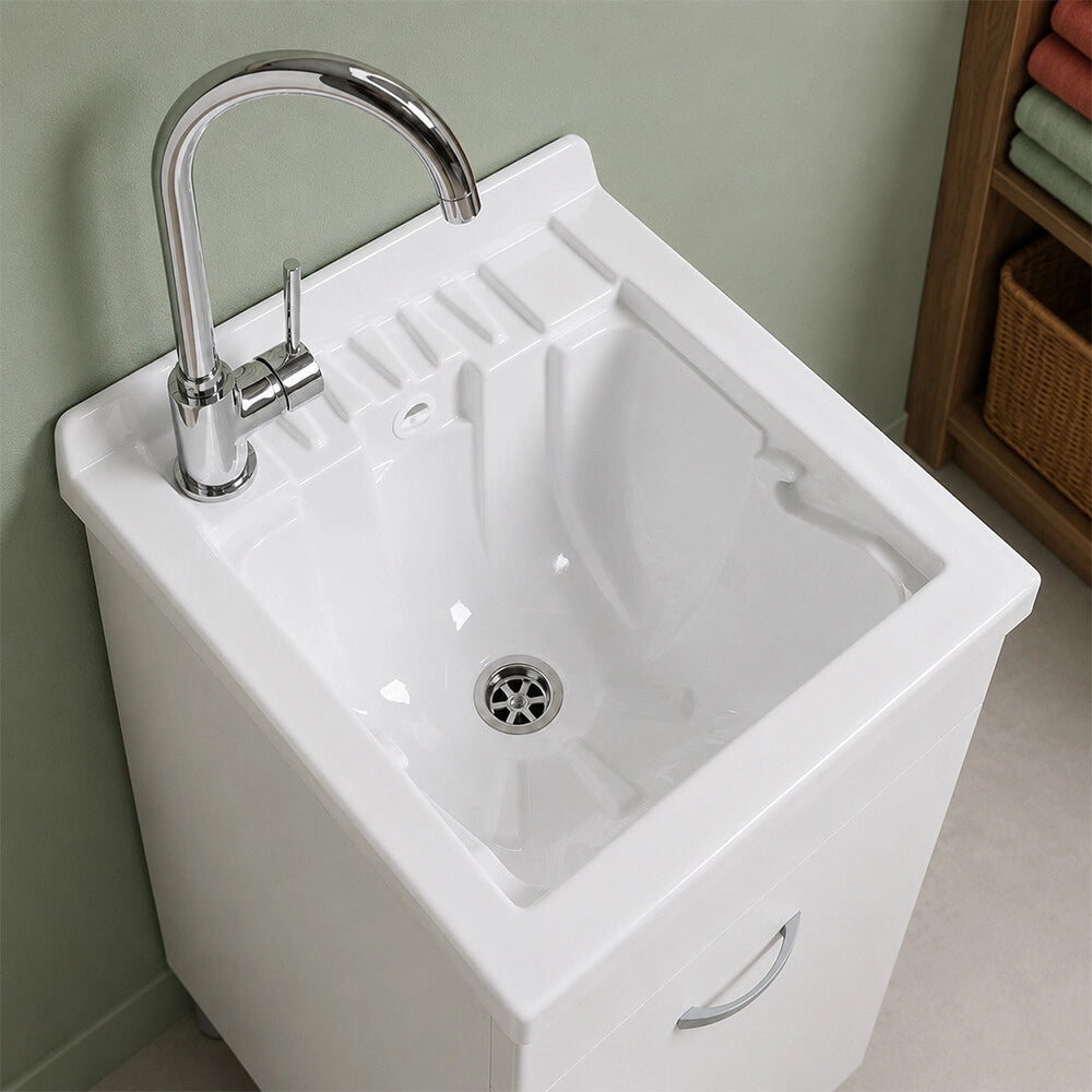 Mobile lavatoio 44x59 cm bianco opaco con anta e vasca incluso di asse di lavaggio e kit di scarico Medea