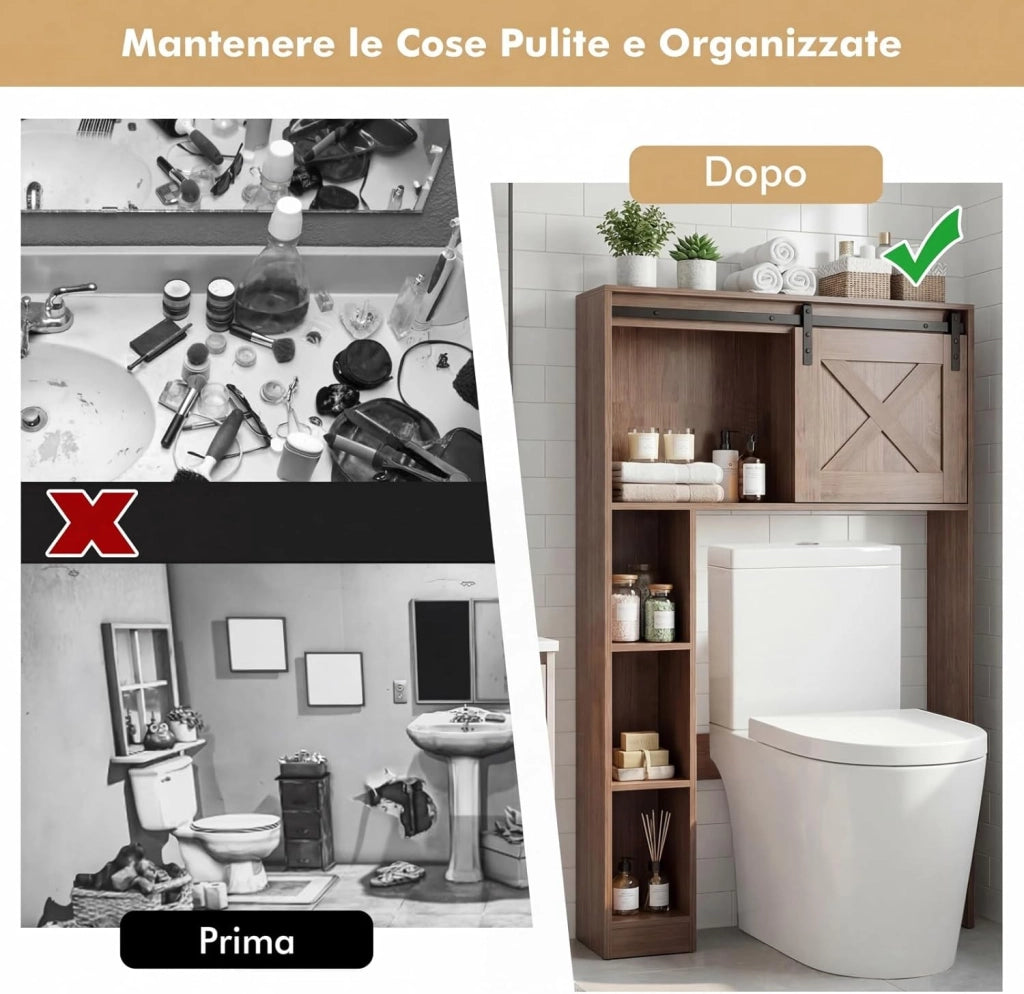 Mobile Salva Spazio Sopra WC, Organizzatore del Bagno in Legno con Porta e 3 Ripiani di Stoccaggio, per Bagno Lavanderia, 84x17x128 cm (Marrone Scuro)