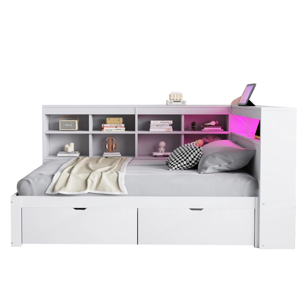 Divano letto in legno massello con ripiani; porta USB; LED e contenitore; bianco; 90x200 cm; senza materasso