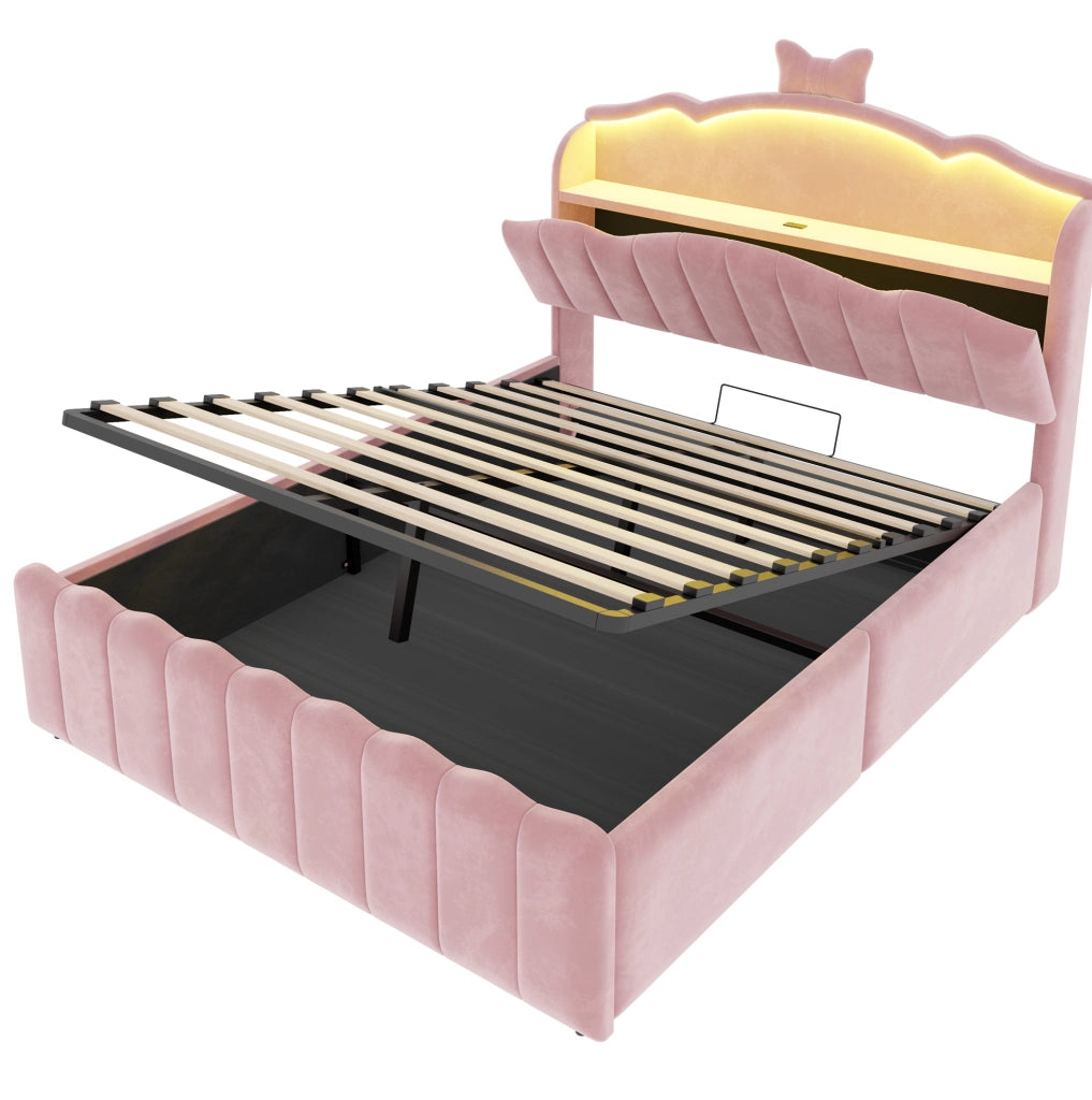 Letto per bambini 140x200 cm con contenitore idraulico, LED, USB e USB-C in velluto rosa