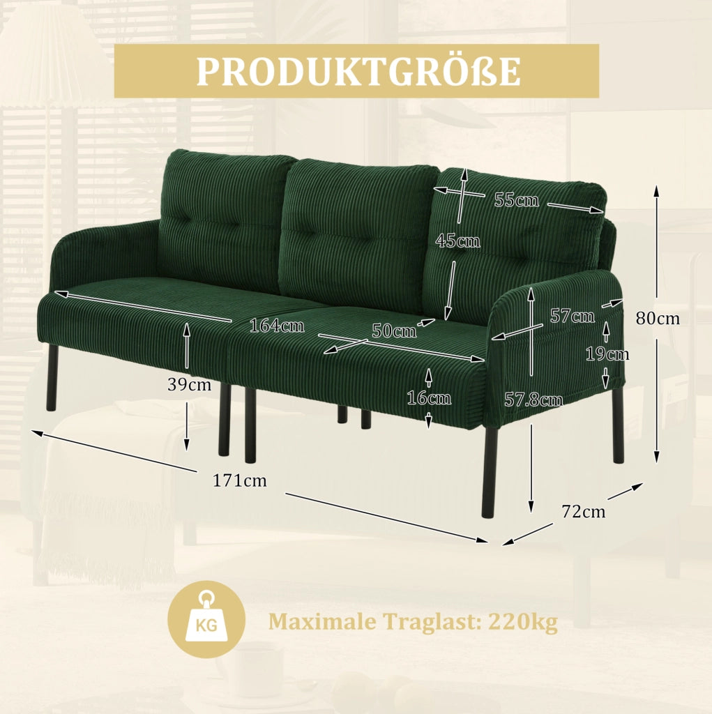 Divano a 3 posti in corduroy verde smeraldo con schienale ergonomico e tasca laterale
