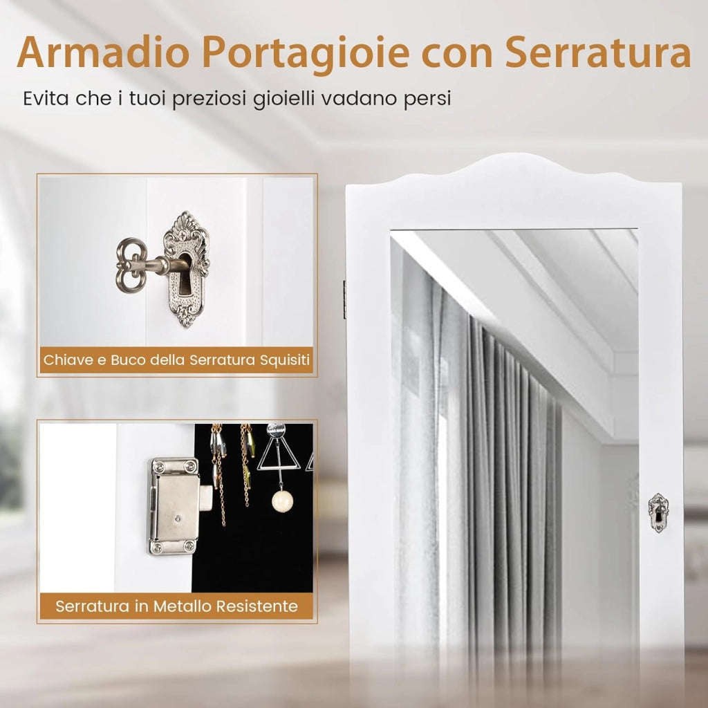 Armadietto Portagioie da Terra, Portagioie con Specchiera a Figura Intera, 4 Angolo di Inclinazione Regolabile, Specchio da Terra per Gioielli e Accessori, 160 x 45 x 37 cm (Bianco)