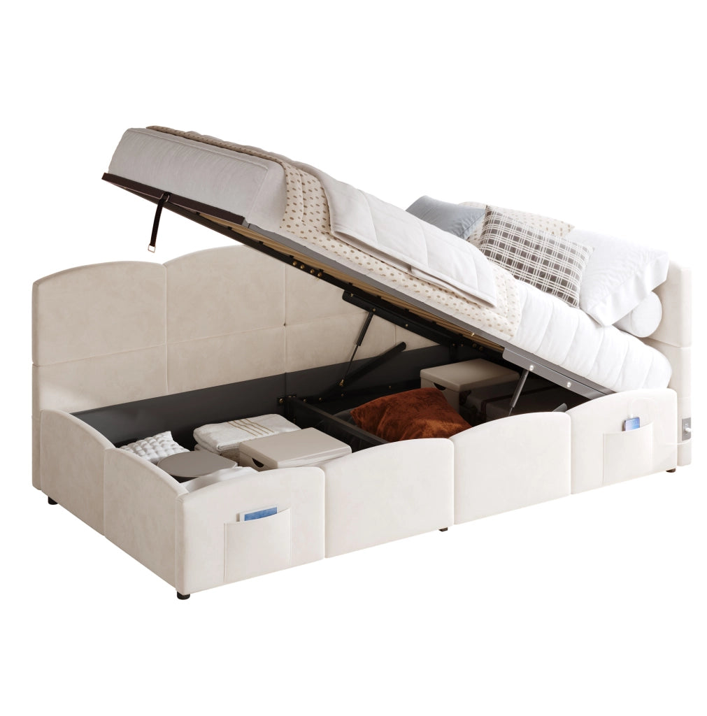 Divano letto 90x200 cm con vano contenitore, USB-A e USB-C in velluto beige