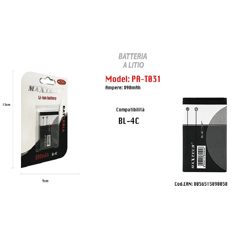 Trade Shop - Batteria A Litio Compatibile Con Bl-4c 890 Mah Li-ion Maxtech Pa-t031 -