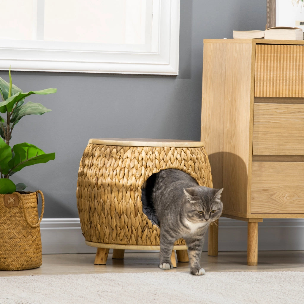 Casetta per Gatti in Erba di Giacinto d'Acqua ¨C Minimal ¨C 44x43x42 cm Colore Marrone Chiaro, Legno Naturale, Grigio