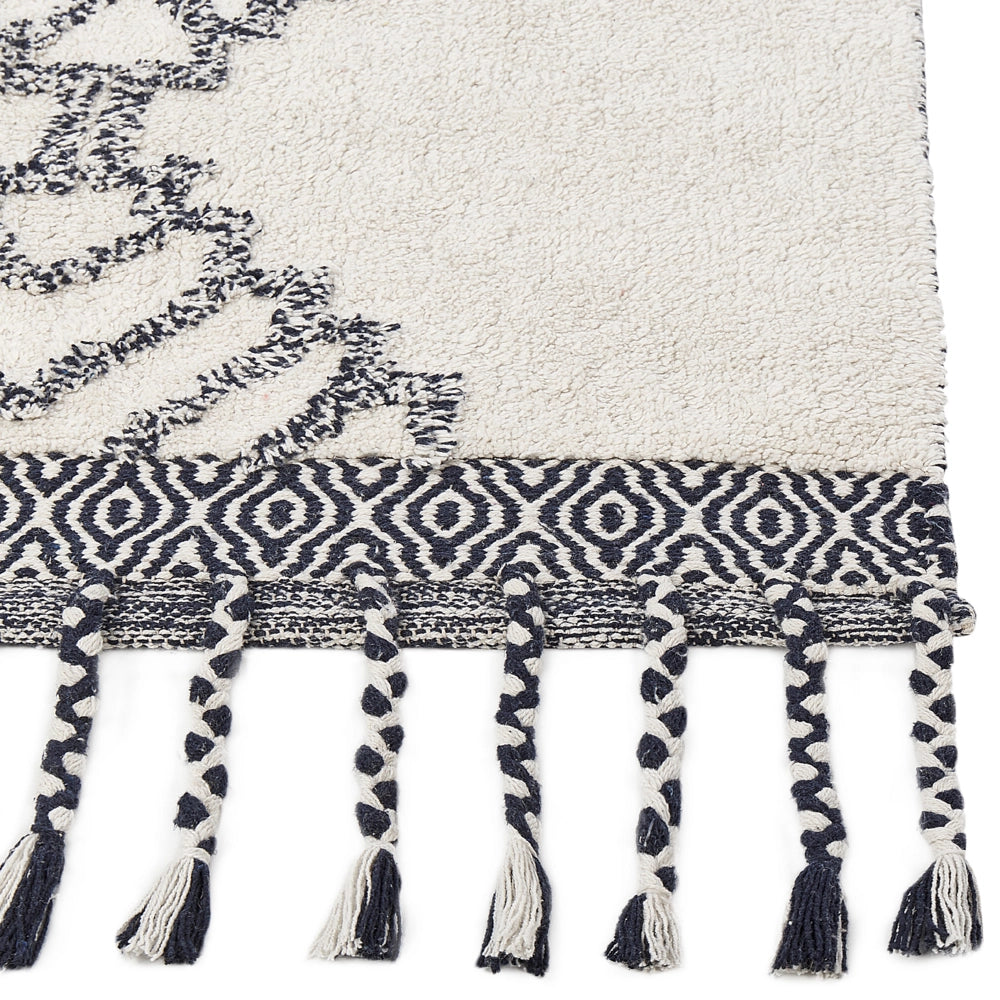 Tappeto in cotone con nappe di colore bianco e nero 80 x 150 cm soggiorno camera da letto
