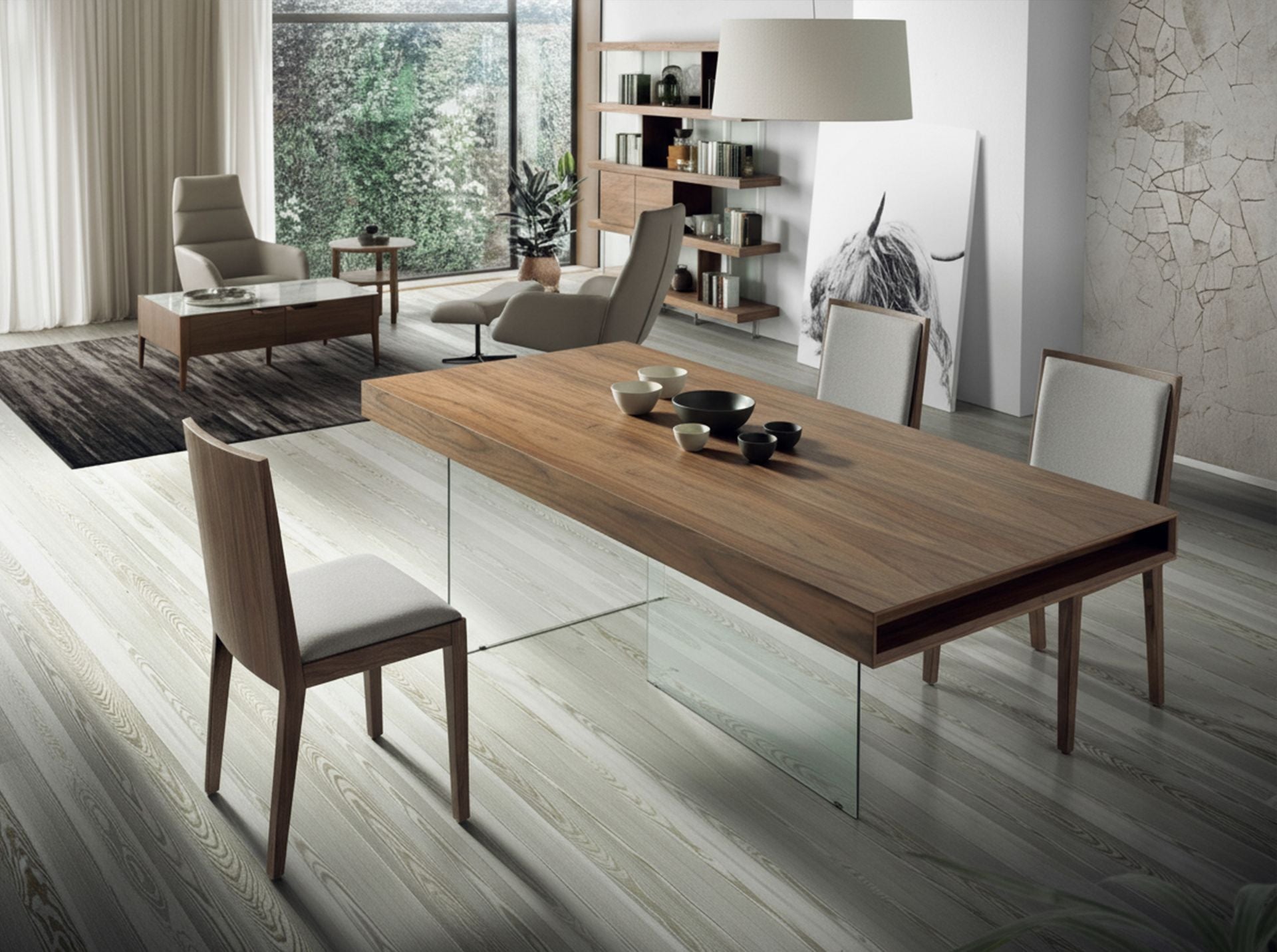 Tavolo da pranzo rettangolare noce e vetro temperato