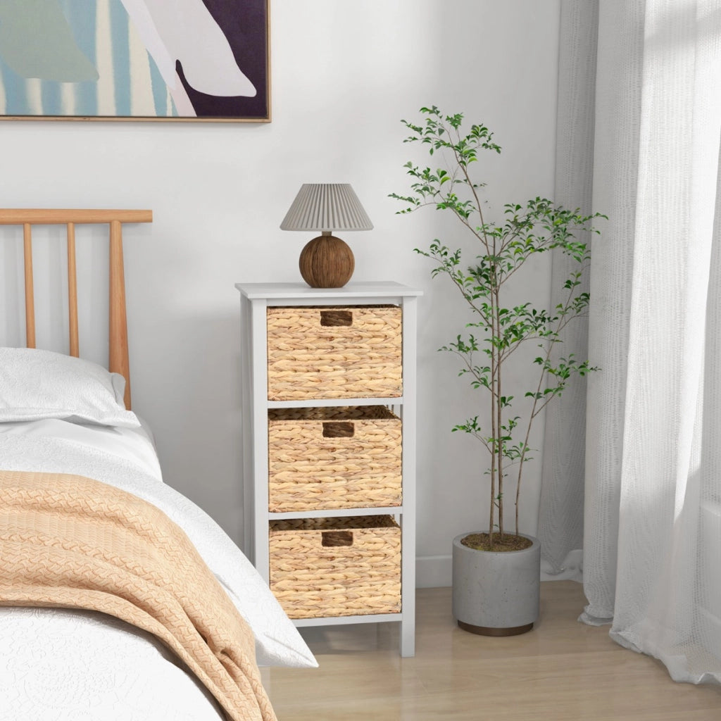 Set di 2 comodini a 4 piani-Tavolini laterali stretti con 3 cesti di giunc gambe in legno di acacia Bianco
