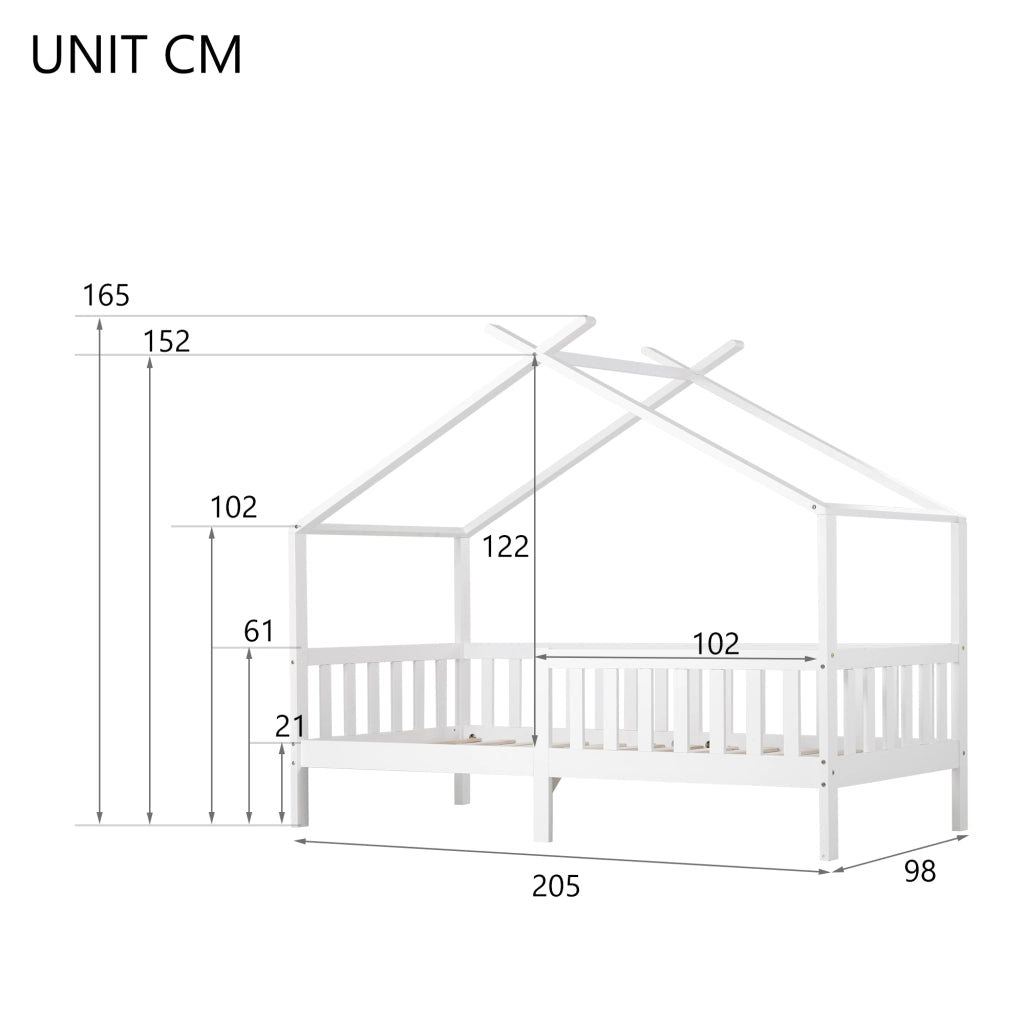 Letto Casetta 200 x 90 cm con Sponda e Rete a Doghe; in Legno Massello; Bianco