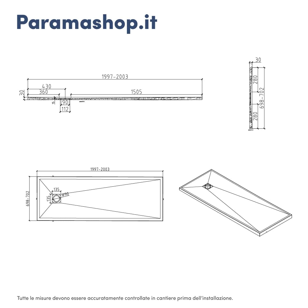 Piatto doccia rettangolare 70x200 cm in marmoresina bianco effetto pietra h3 cm | Milos