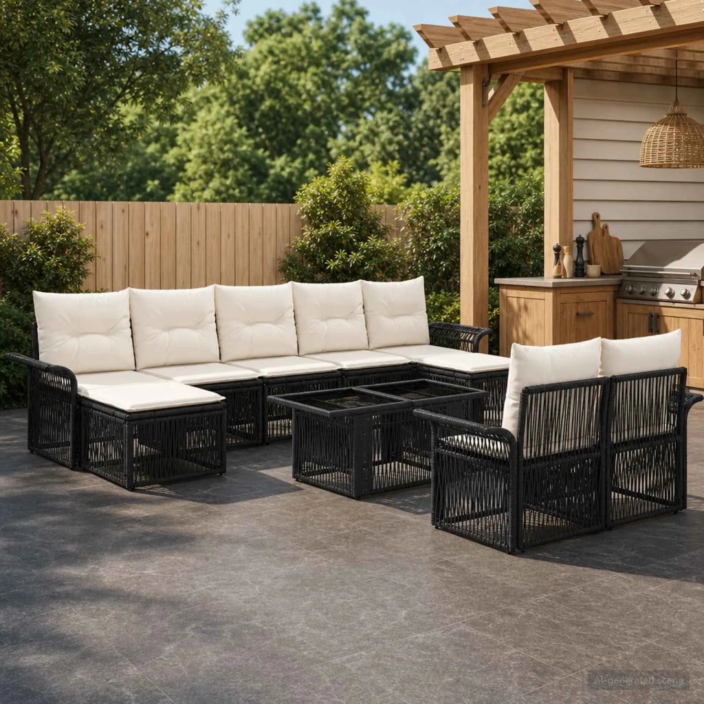 Set Divano da Giardino 10 pz Nero e Bianco Crema polyrattan 3436696