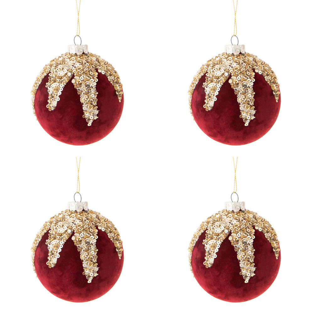 Palline di Natale in Velluto Rosso e Strass Oro Formato: 80 mm